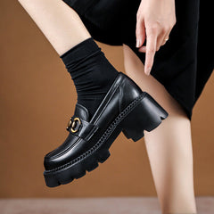 Women Retro Leather Thick Wedge Loafers Newgew Shoes