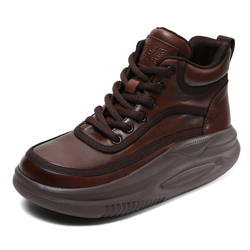 Women Retro Leather High-Top Thick Soled Casual Shoes Newgew Shoes