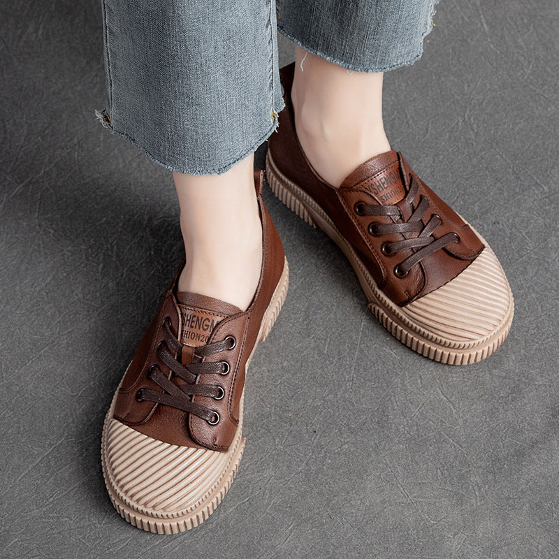 Women Retro Leather Patchwork Flat Casual Shoes Newgew Shoes