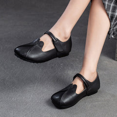 Women Retro Leather Casual Velcro Tape Flat Shoes Newgew Shoes