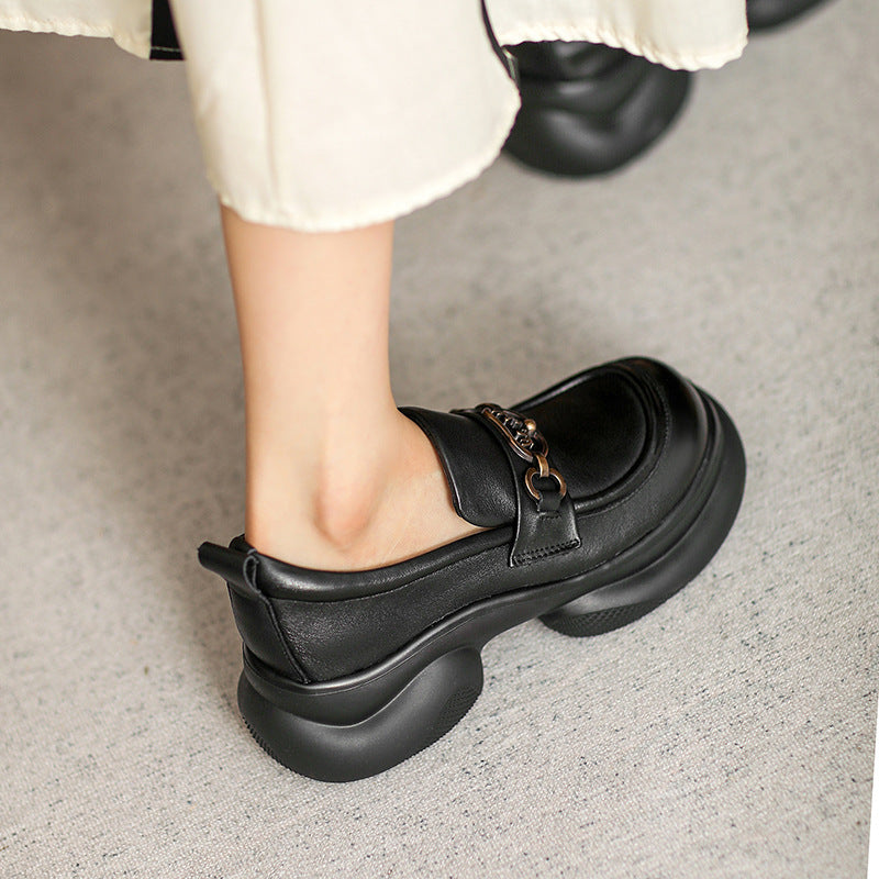 Women Retro Chain Lug Sole Leather Casual Loafers Newgew Shoes