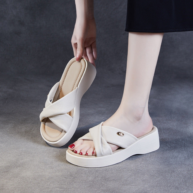 Women Casual Leather Soft Platform Slides Sandals Newgew Shoes