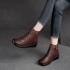 Women Retro Minimalist Leather Low Wedge Ankle Boots Newgew Shoes