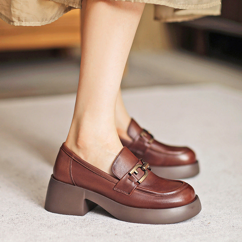 Women Retro Leather Chunky Heel Casual Loafers Newgew Shoes