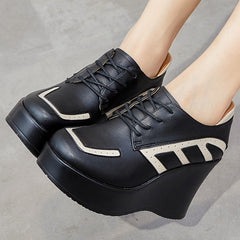 Women Cowhide Color Matching Thick Wedge Casual Shoes Newgew Shoes
