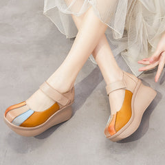 Women Color Matching Leather Casual Wedge Loafers Newgew Shoes