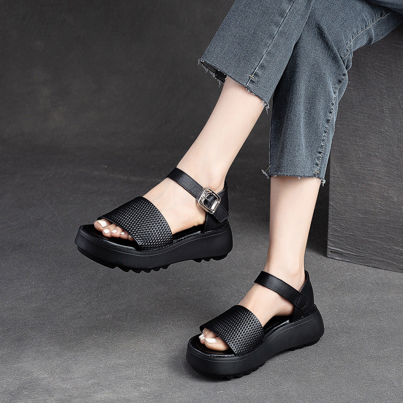 Women Retro Solid Leather Summer Platform Sandals Newgew Shoes