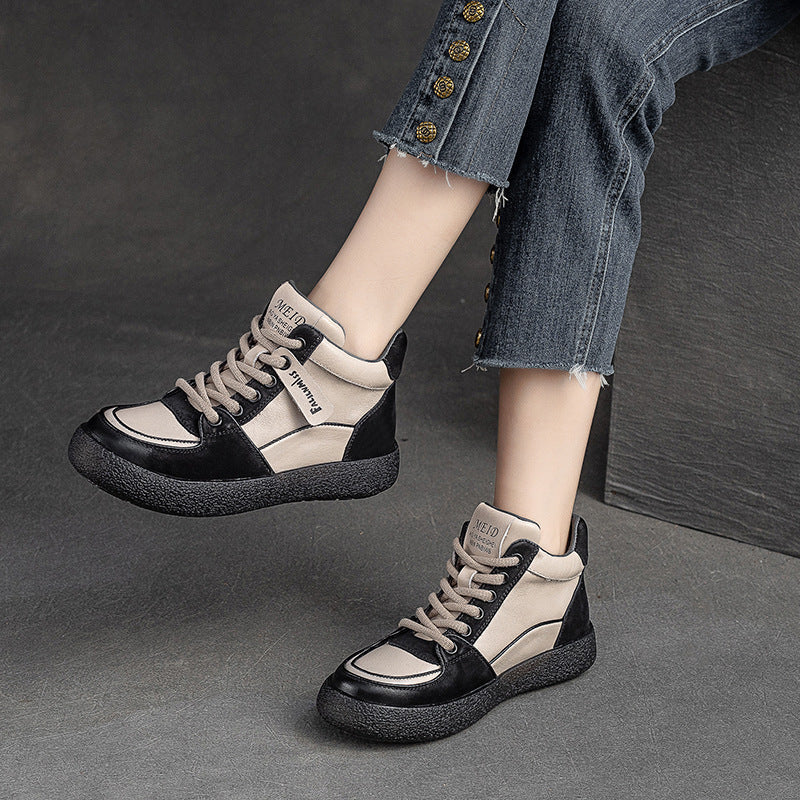 Women Retro Patchwork Leather Flat Casual Boots Newgew Shoes