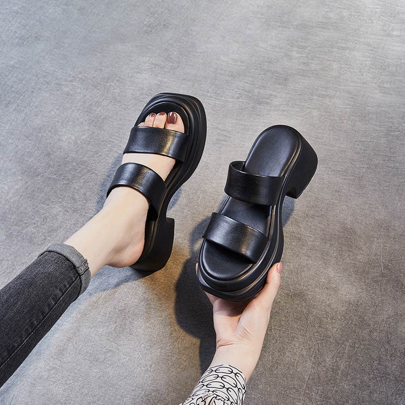 Women Retro Solid Soft Leather Chunky Lug Sole Slides Newgew Shoes