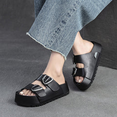 Women Soft Leather Thick Soled Casual Slides Sandals Newgew Shoes