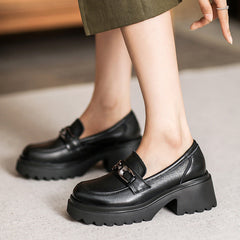 Women Retro Leather Chunky Sole Casual Loafers Newgew Shoes