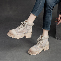 Women Casual Hollow Mesh Leather Lug Sole Boots Newgew Shoes