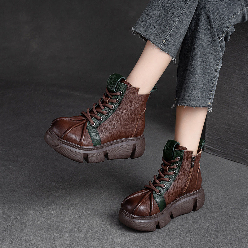 Women Retro Patchwork Leather Casual Ankle Boots Newgew Shoes