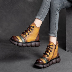 Women Color Matching Leather Casual Platform Boots Newgew Shoes