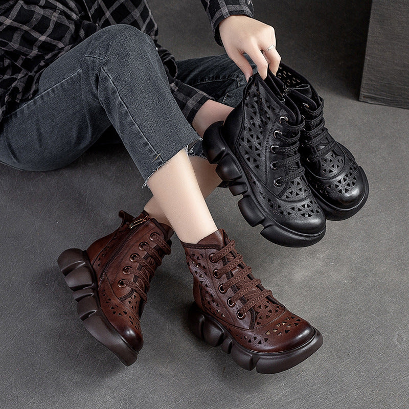 Women Hollow Leather Retro Casual Boots Newgew Shoes