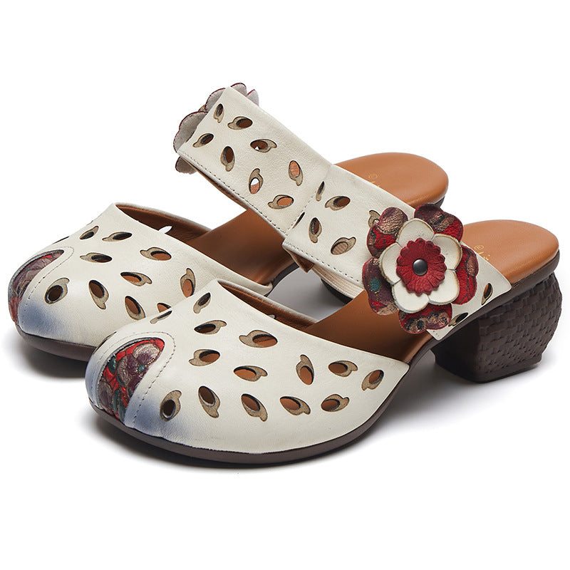 Women Hollow Leather Casual Summer Heel Slides Newgew Shoes