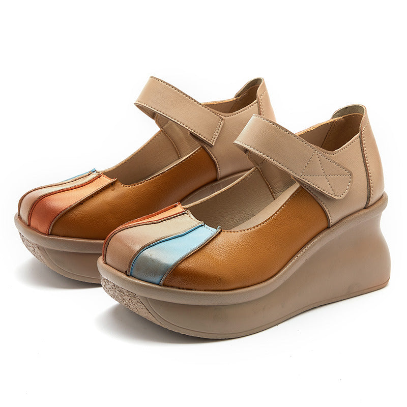 Women Color Matching Leather Casual Wedge Loafers Newgew Shoes