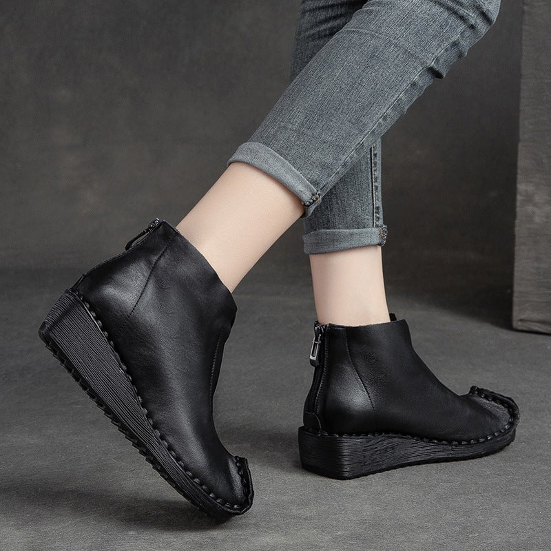 Women Retro Low Wedge Leather Ankle Boots Newgew Shoes