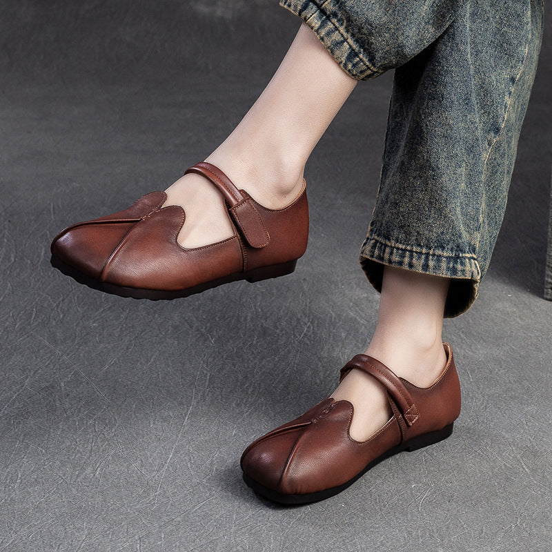 Women Retro Leather Casual Velcro Tape Flat Shoes Newgew Shoes