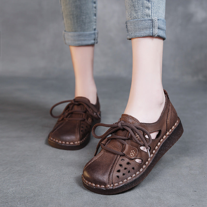 Women Retro Hollow Leather Soft Flat Casual Shoes Newgew Shoes