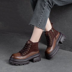 Women Retro Patchwork Leather Furred Chunky Platform Boots Newgew Shoes