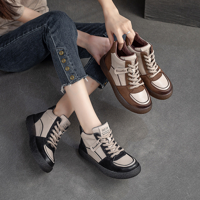 Women Retro Patchwork Leather Flat Casual Boots Newgew Shoes