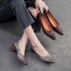 Women Retro Embossed Leather Chunky Heel Pumps Shoes Newgew Shoes