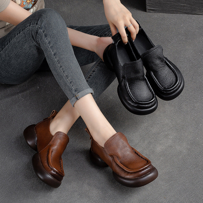 Women Retro Minimalist Soft Leather Thick Soled Casual Shoes Newgew Shoes