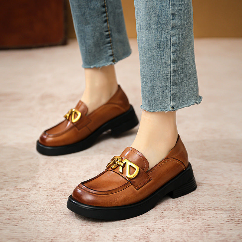 Women Retro Cowhide Thick Soled Loafers Newgew Shoes