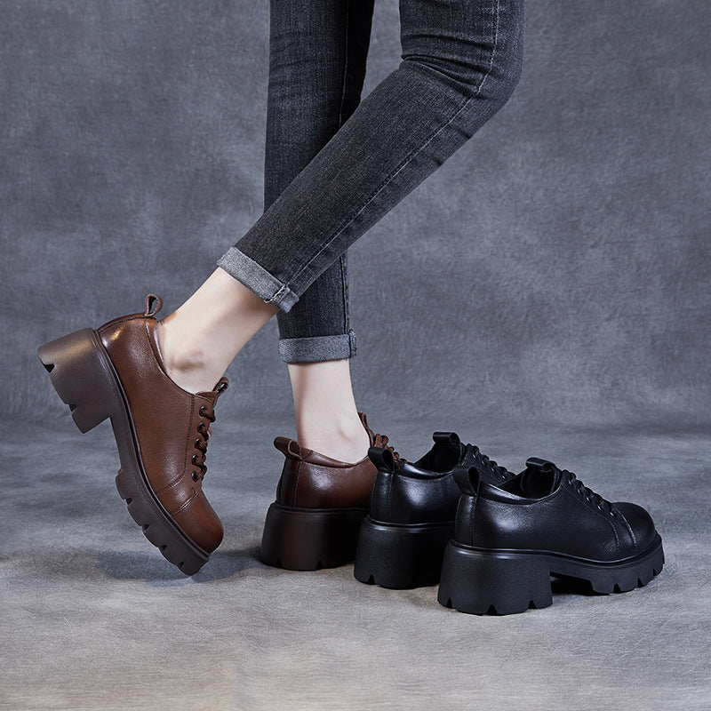 Women Retro Minimalist Leather Chunky Heel Casual Shoes Newgew Shoes