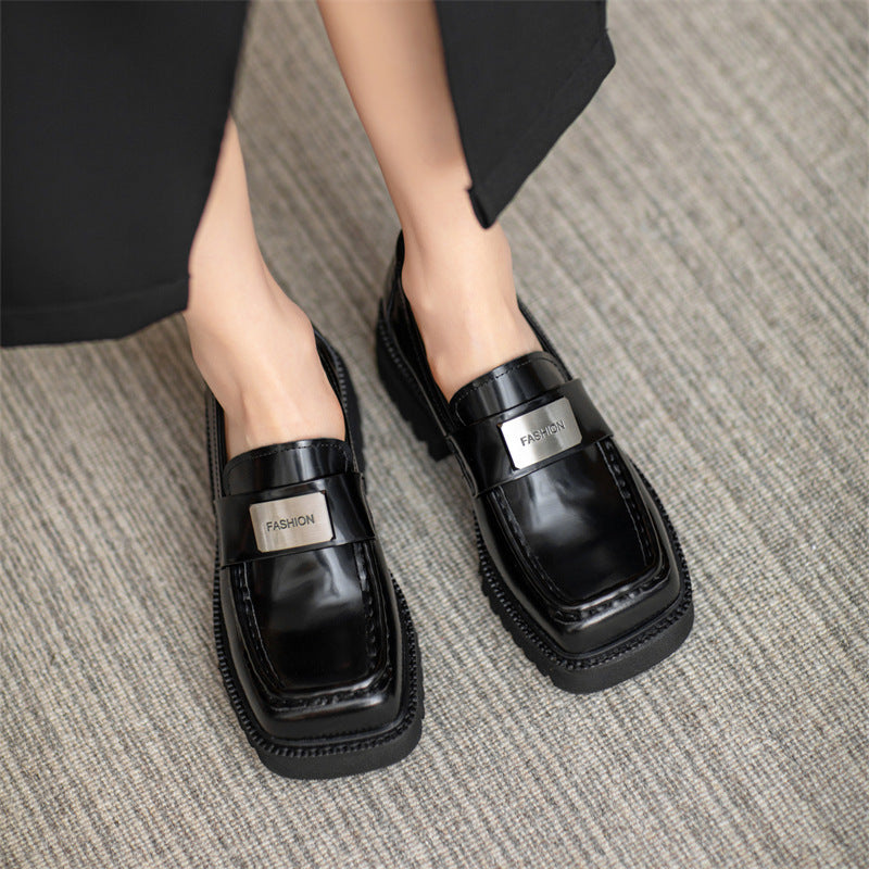 Women Retro Leather Chunky Sole Square Head Loafers Newgew Shoes