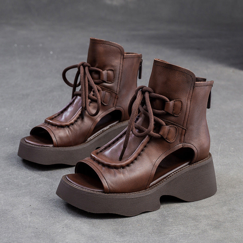 Women Retro Soft Leather High Top Platform Sandals Newgew Shoes