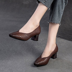 Women Retro Plaited Leather Chunky Heel Pumps Newgew Shoes