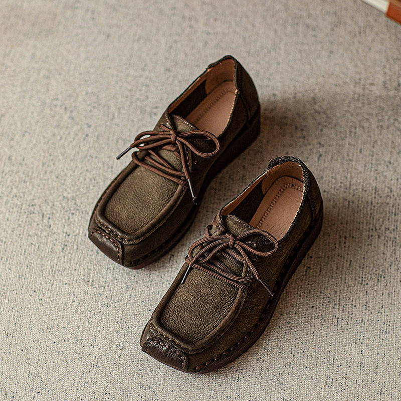 Women Retro Leather Square Head Low Wedge Shoes Newgew Shoes