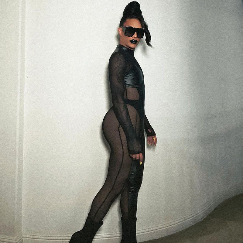 One Piece Long Sleeve Mesh Bodycon Jumpsuit Newgew