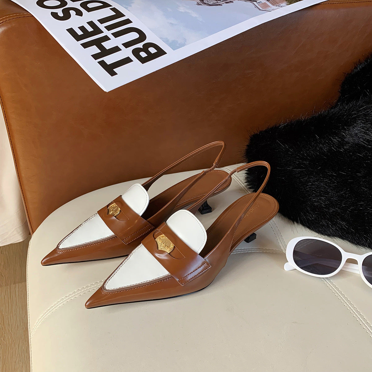 Genuine Leather Color Matching Pointed Toe Slingback High Heels Newgew