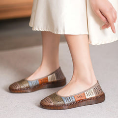 Women Retro Patchwork Hollow Leather Soft Flats Newgew Shoes