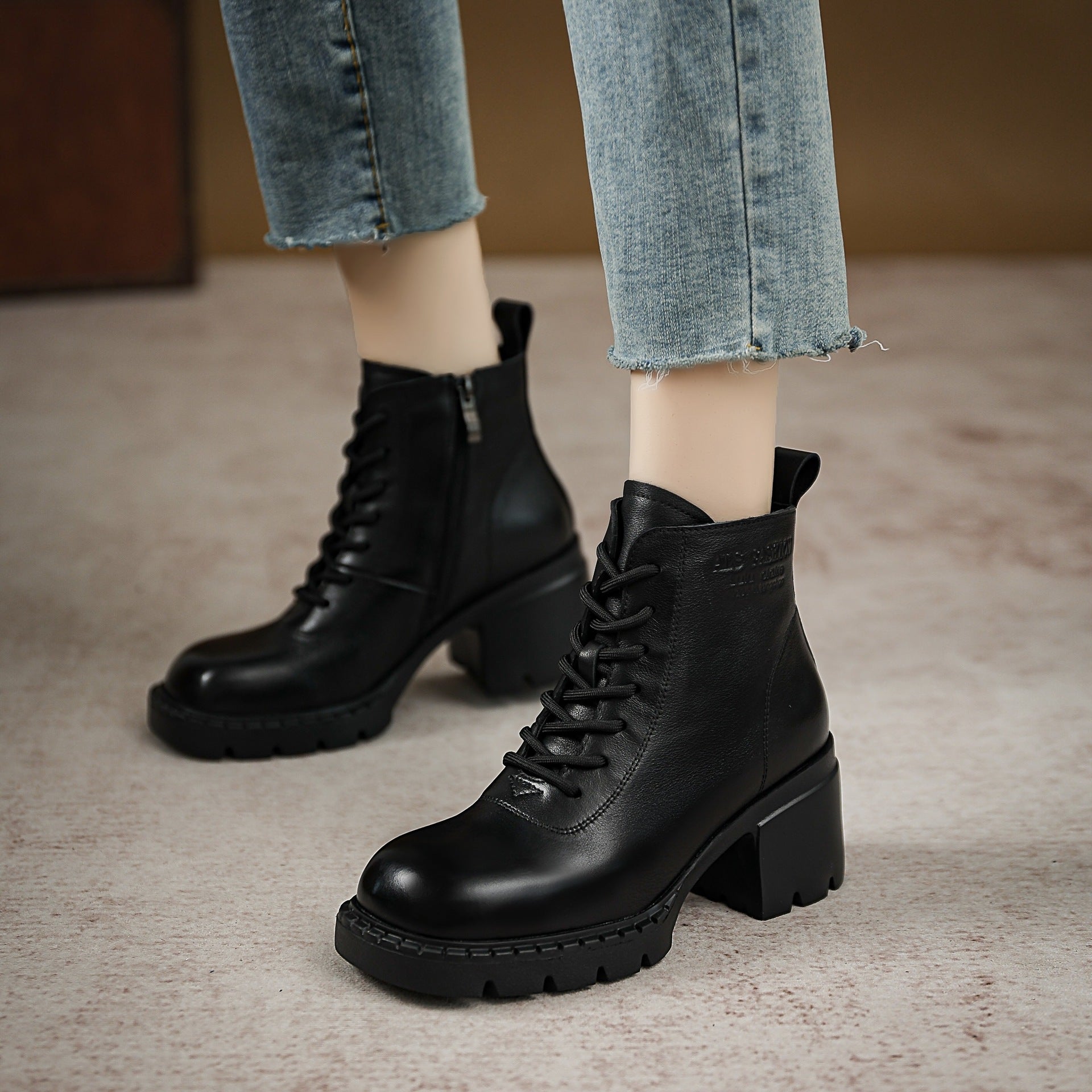 Women Retro Minimalist Leather Chunky Heel Boots Newgew Shoes