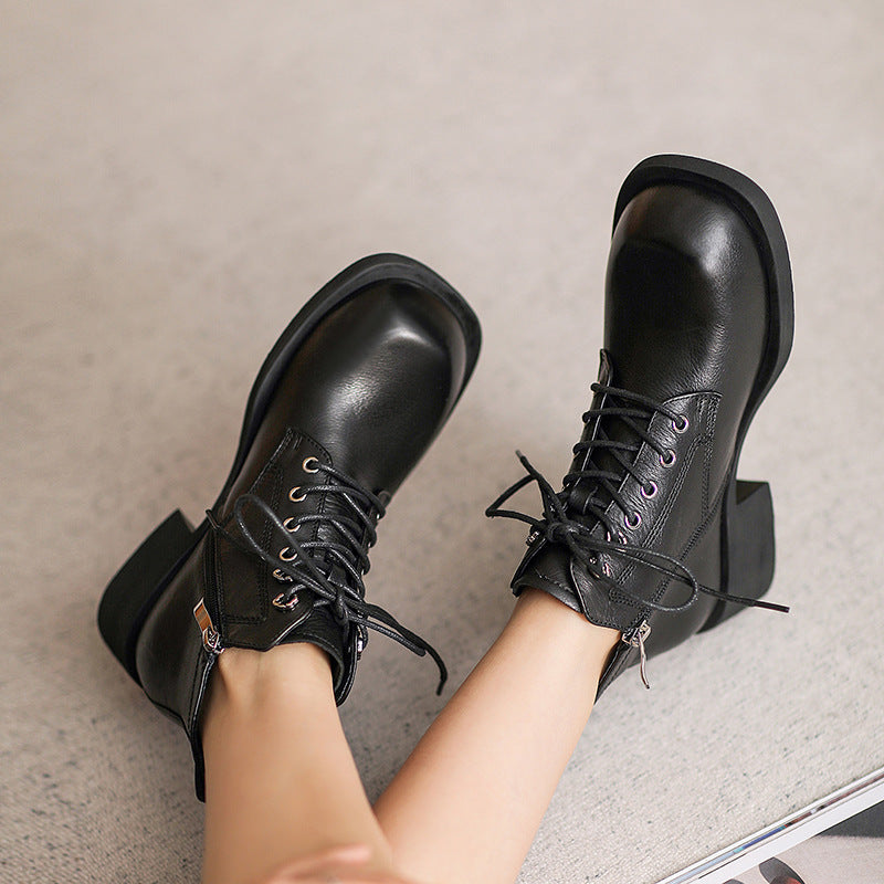 Women Minimalist Leather Chunky Heel Ankle Boots Newgew Shoes