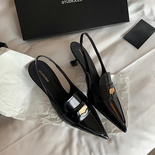 Genuine Leather Color Matching Pointed Toe Slingback High Heels Newgew
