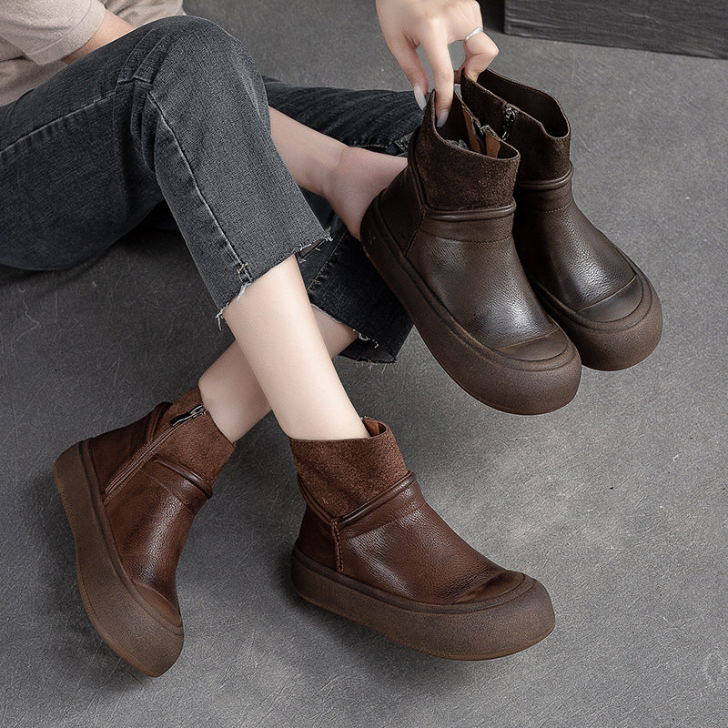 Women Retro Patchwork Leather Flat Ankle Boots Newgew Shoes