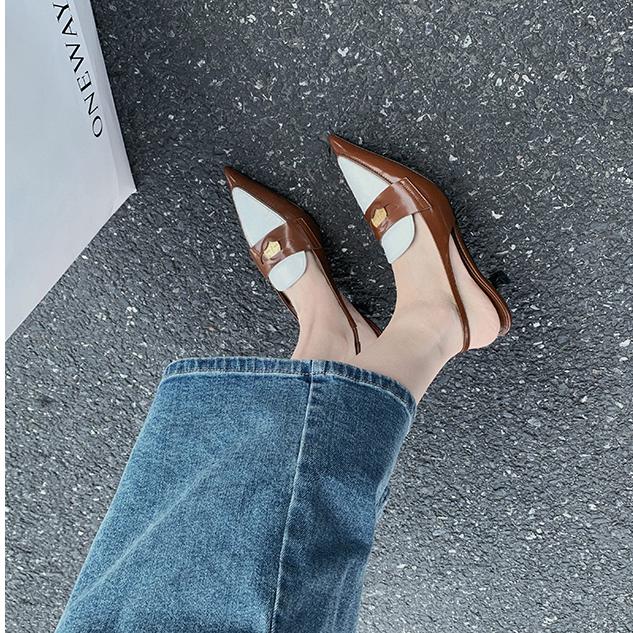 Genuine Leather Color Matching Pointed Toe Slingback High Heels Newgew