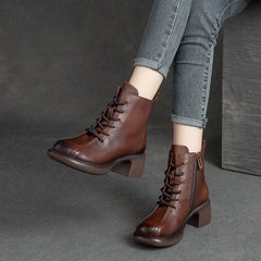 Women Retro Leather Chunky Heel Boots Newgew Shoes