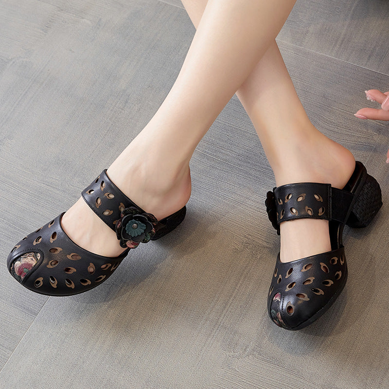 Women Hollow Leather Casual Summer Heel Slides Newgew Shoes