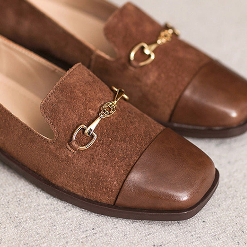 Women Retro Leather Square Head Casual Loafers Newgew Shoes