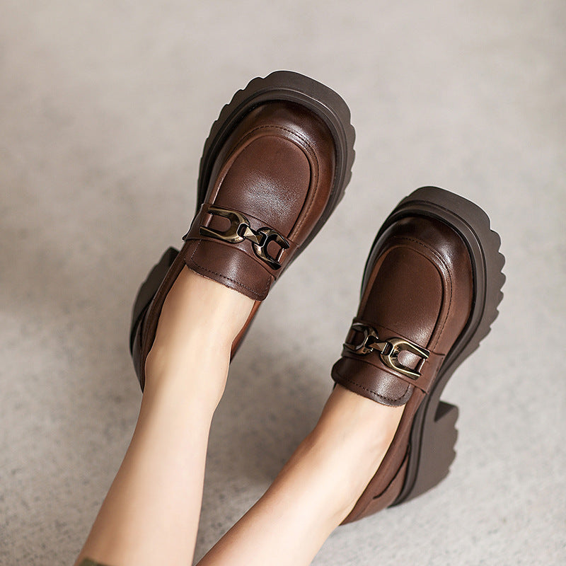 Women Retro Leather Chunky Sole Casual Loafers Newgew Shoes