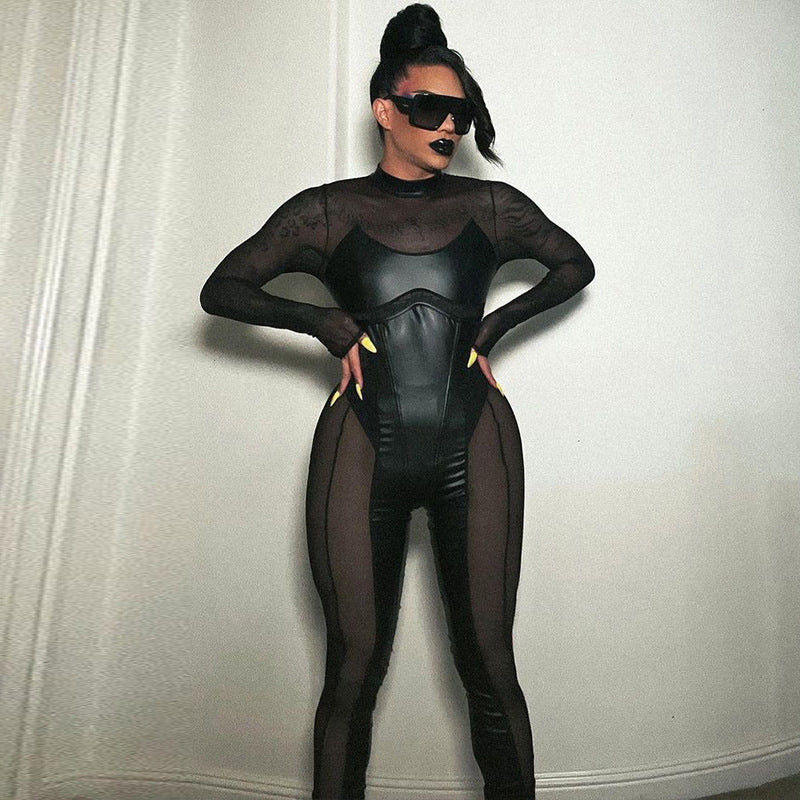 One Piece Long Sleeve Mesh Bodycon Jumpsuit Newgew