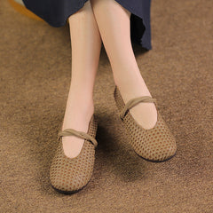 Women Retro Hollow Plaited Cowhide Soft Flats Newgew Shoes