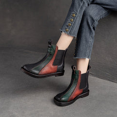 Women Color Matching Leather Comfort Flat Boots Newgew Shoes