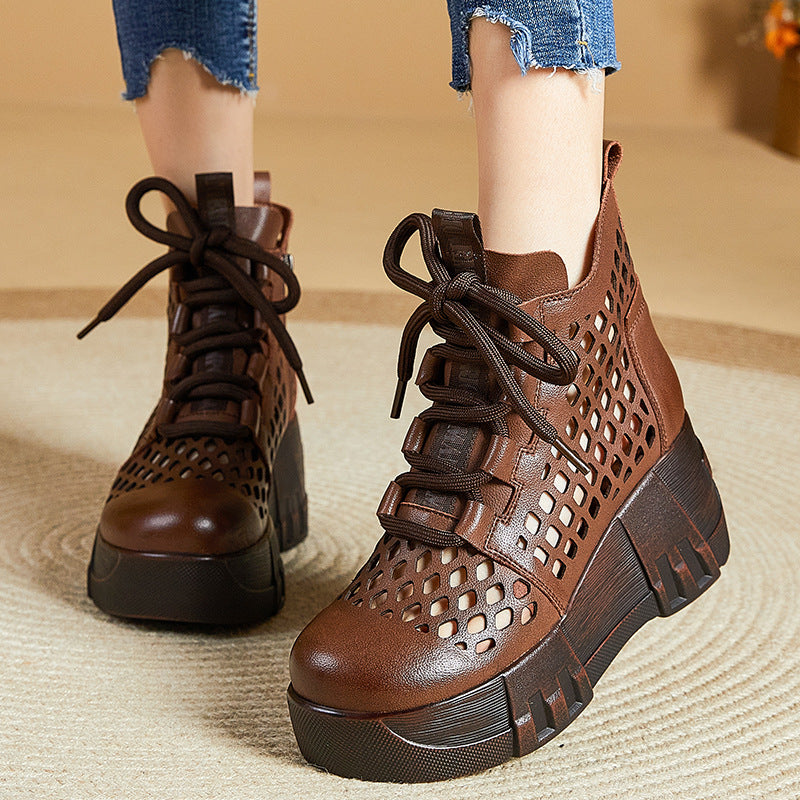 Women Retro Hollow Leather Platform Boots Newgew Shoes